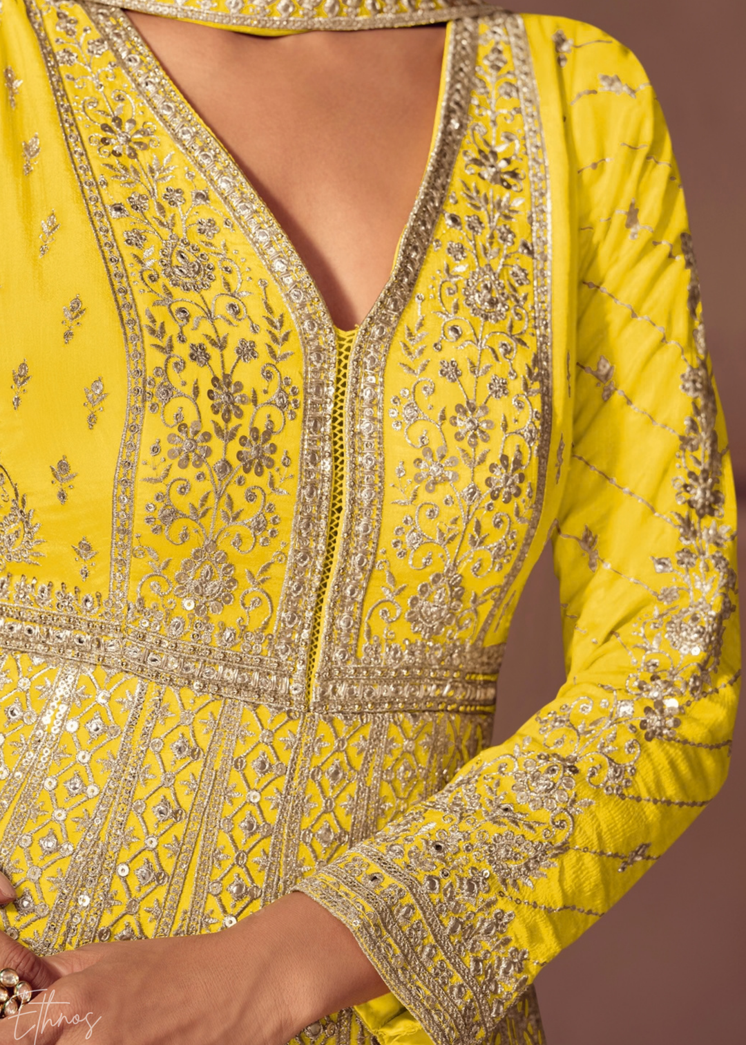Antique Gold Yellow Floral-Embroidered Chinon Anarkali Gown Set