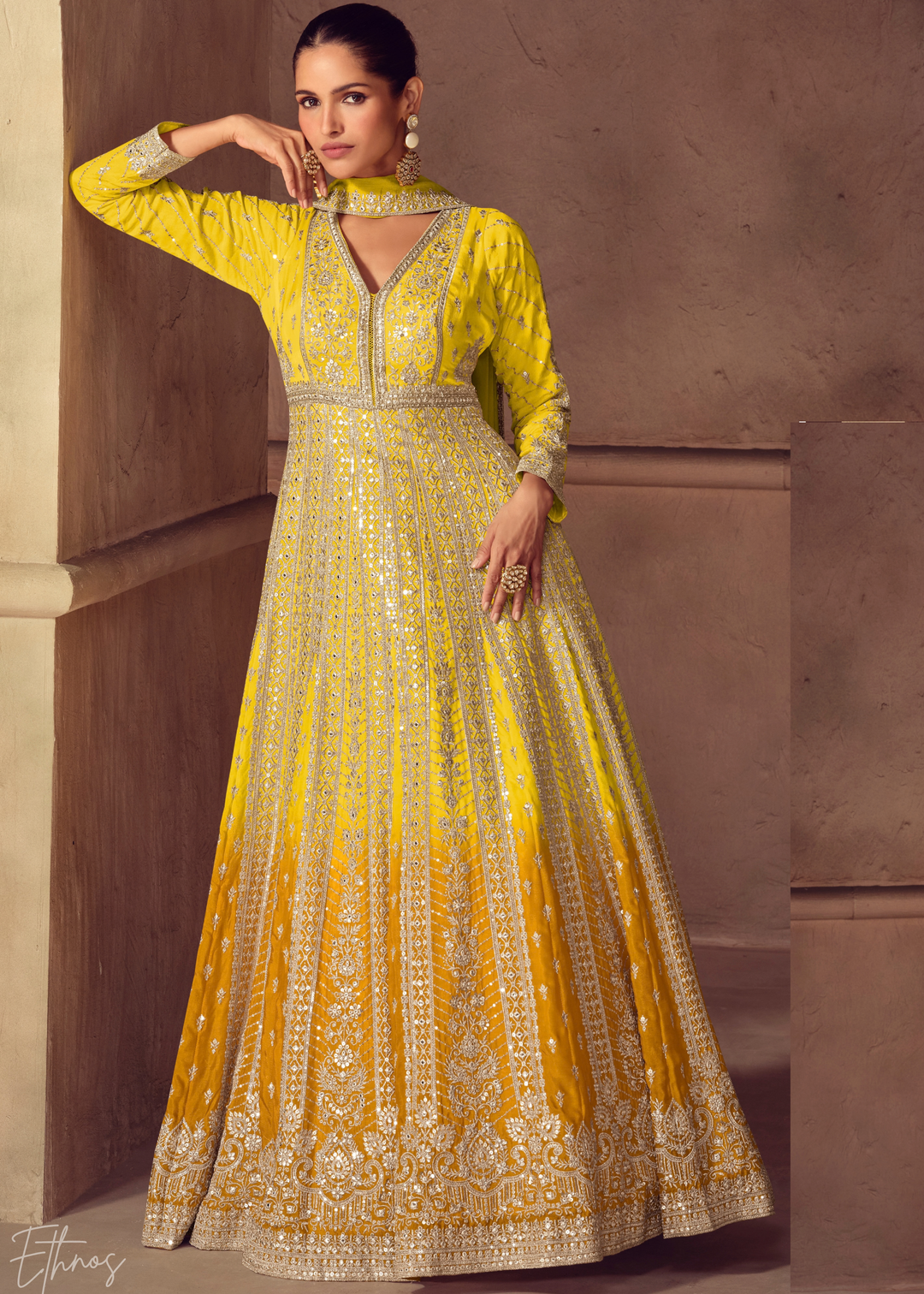 Antique Gold Yellow Floral-Embroidered Chinon Anarkali Gown Set