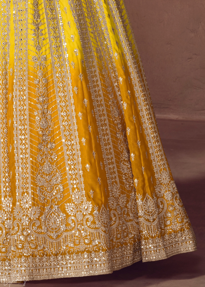 Antique Gold Yellow Floral-Embroidered Chinon Anarkali Gown Set