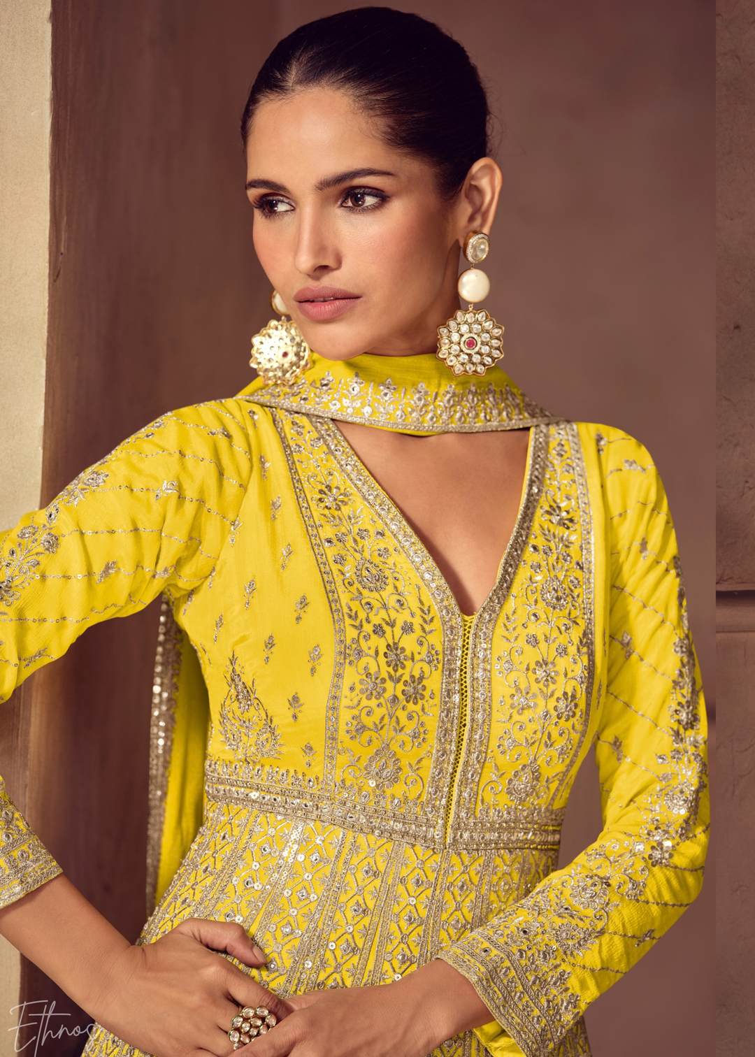 Antique Gold Yellow Floral-Embroidered Chinon Anarkali Gown Set