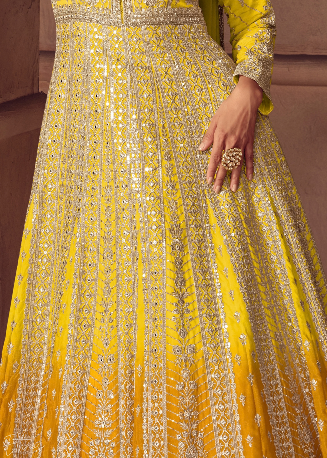 Antique Gold Yellow Floral-Embroidered Chinon Anarkali Gown Set