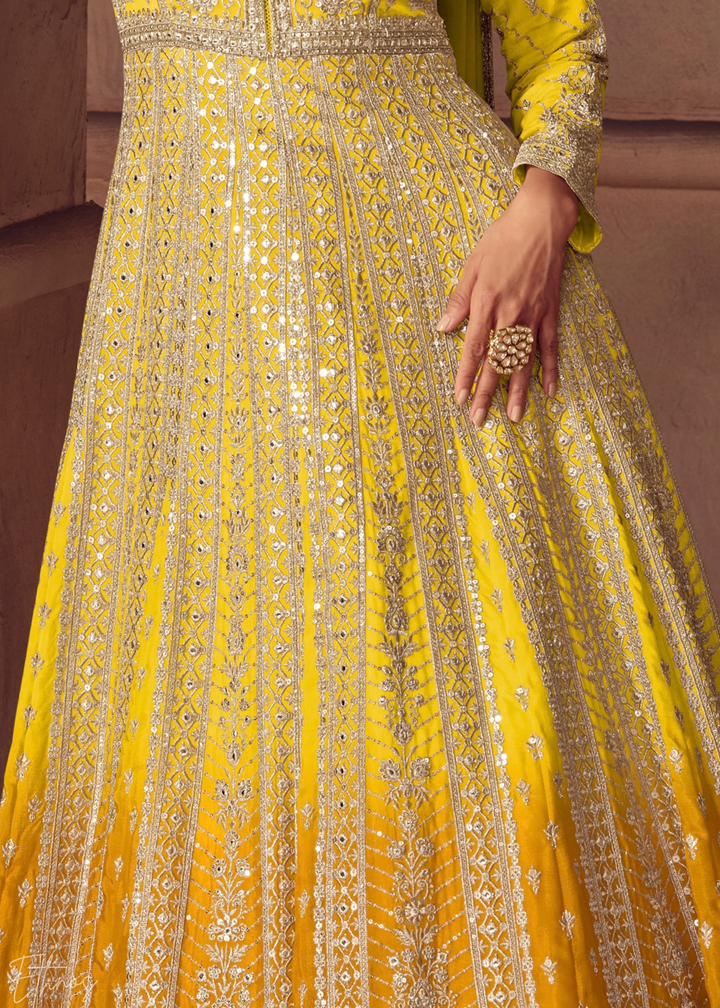 Antique Gold Yellow Floral-Embroidered Chinon Anarkali Gown Set