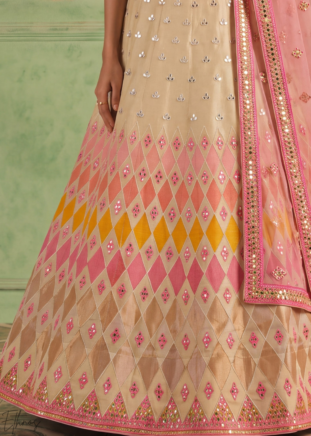 Antique Beige Geometric Patchwork Organza Lehenga Choli