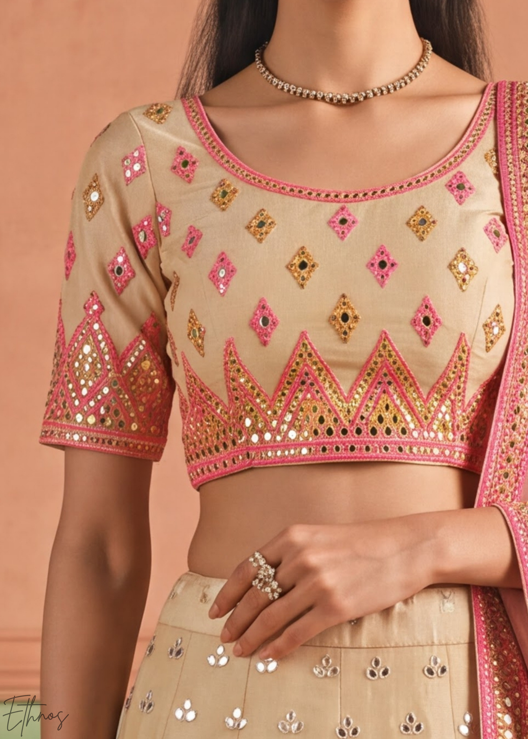 Antique Beige Geometric Patchwork Organza Lehenga Choli