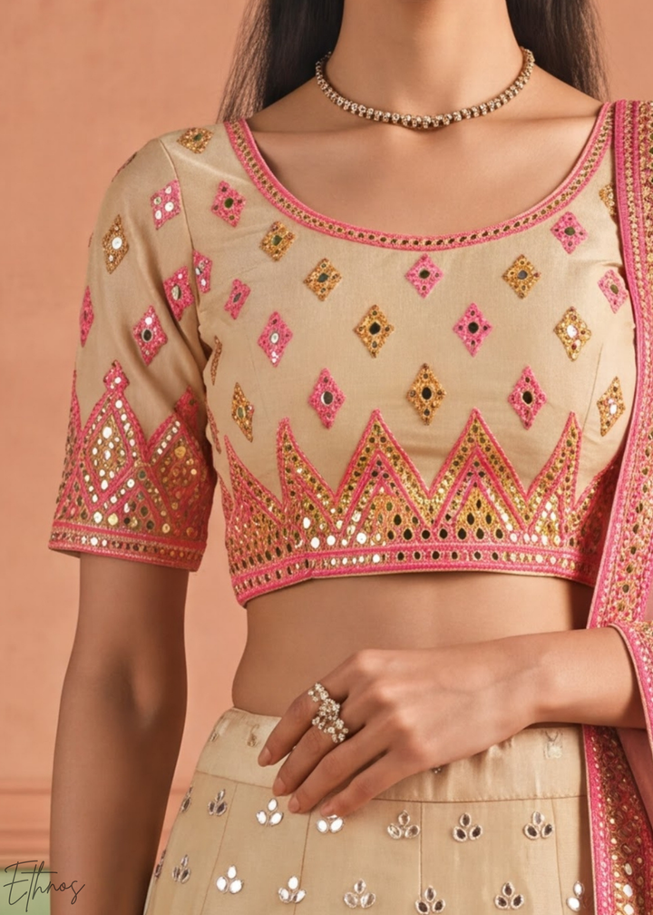 Antique Beige Geometric Patchwork Organza Lehenga Choli