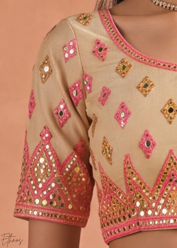 Antique Beige Geometric Patchwork Organza Lehenga Choli
