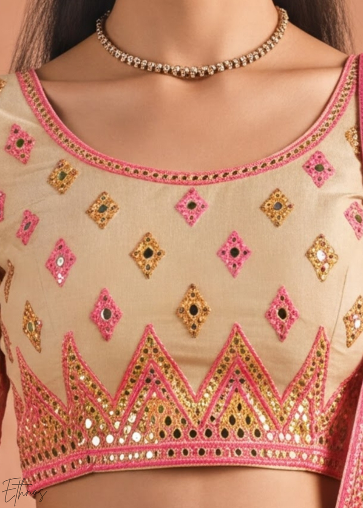 Antique Beige Geometric Patchwork Organza Lehenga Choli