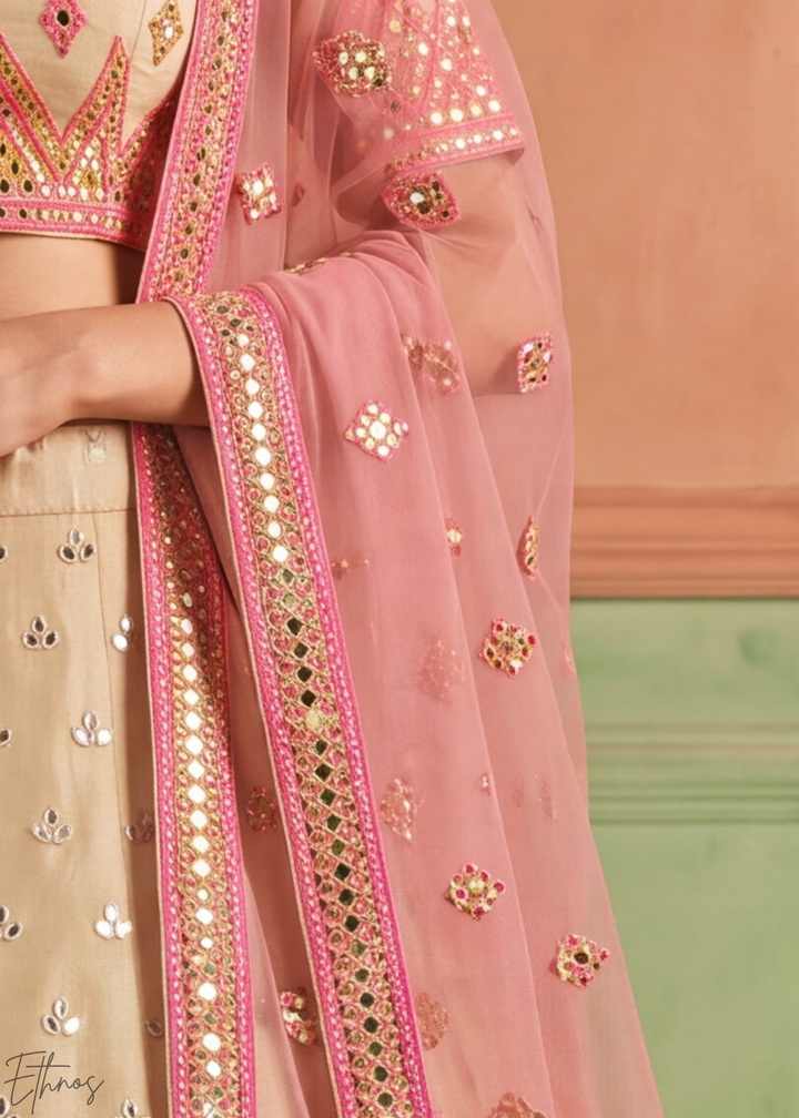 Antique Beige Geometric Patchwork Organza Lehenga Choli