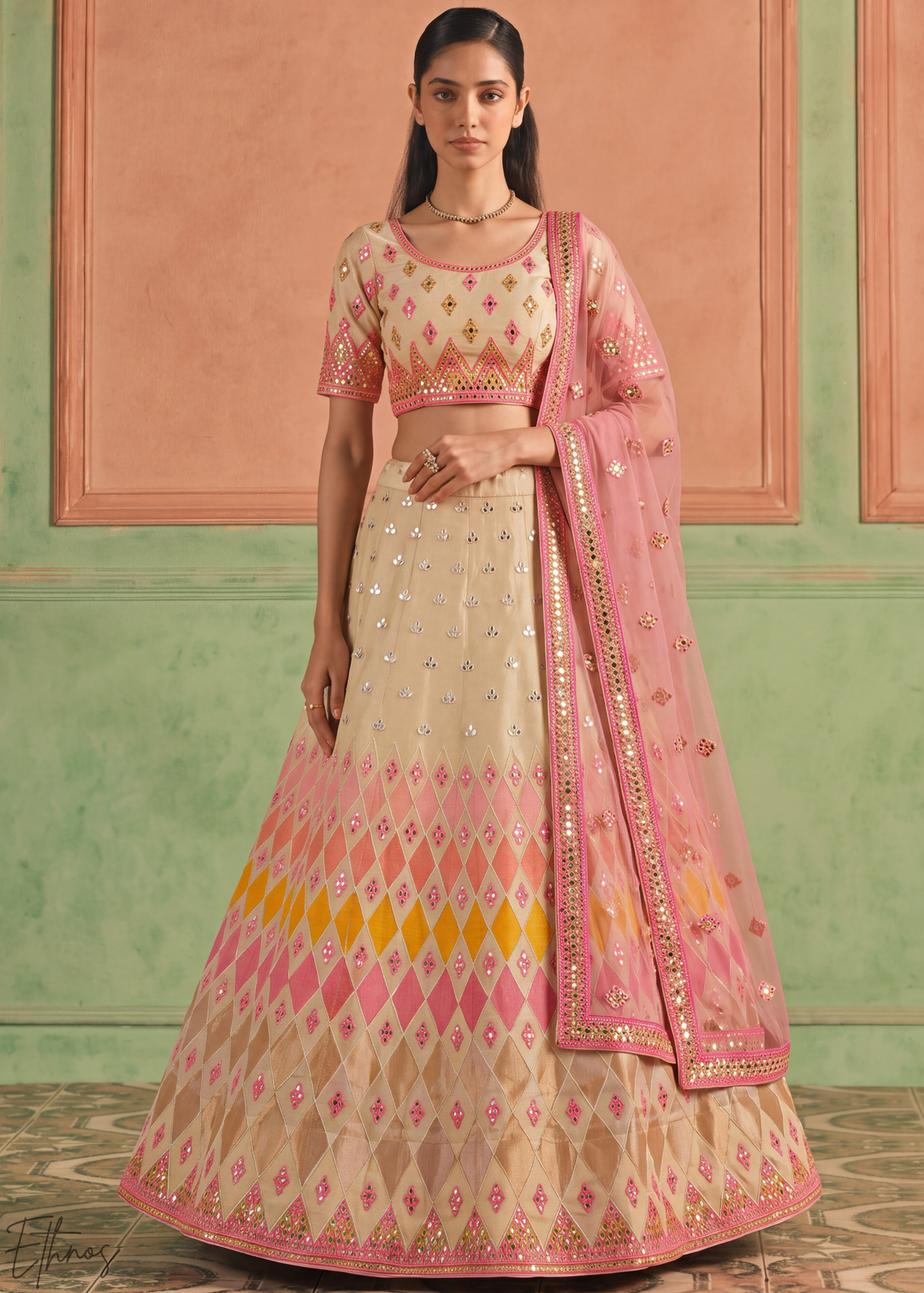 Antique Beige Geometric Patchwork Organza Lehenga Choli