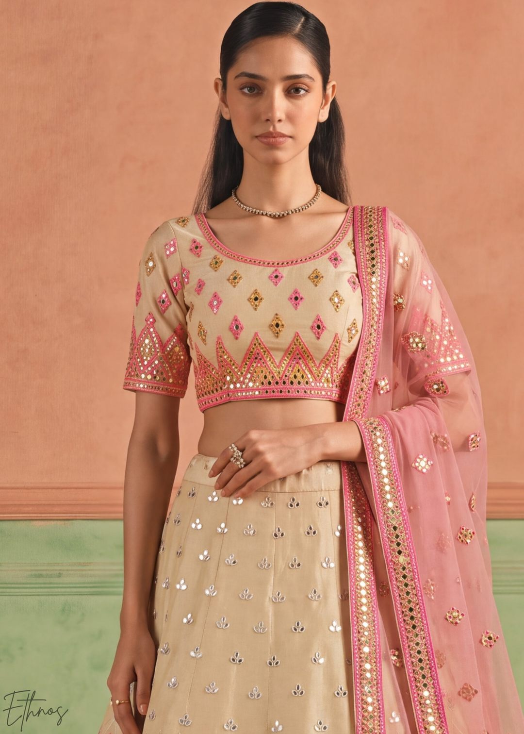 Antique Beige Geometric Patchwork Organza Lehenga Choli