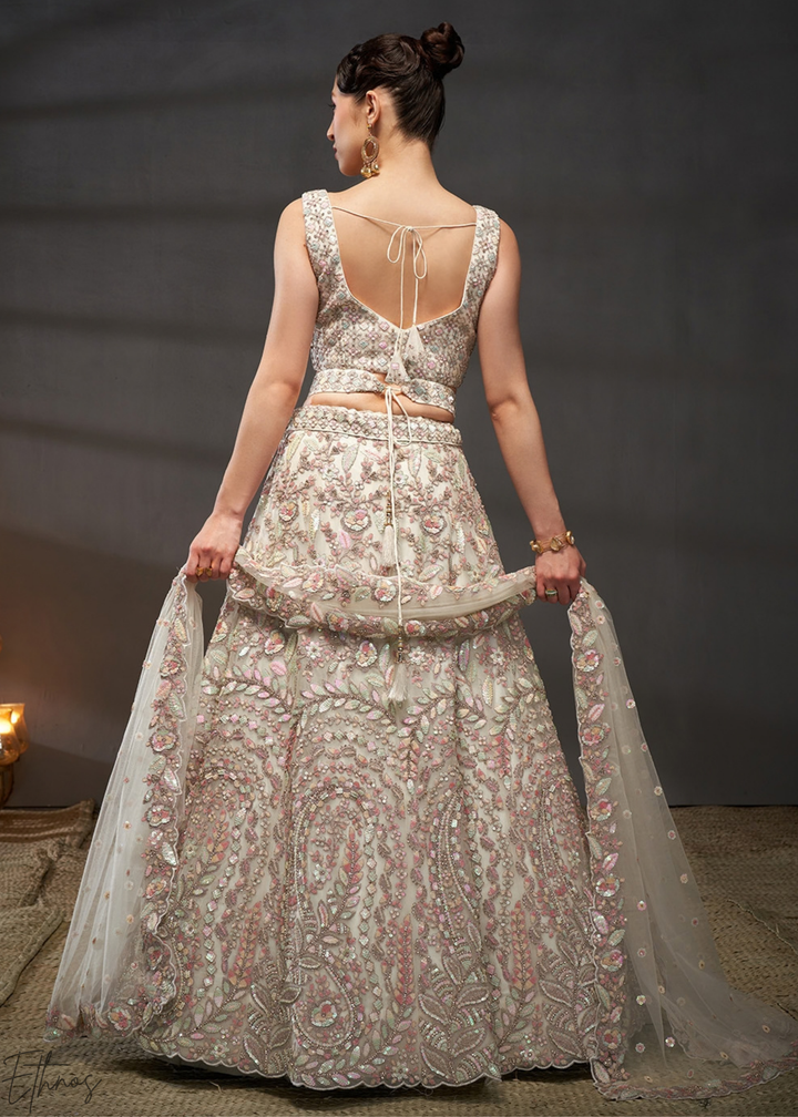 Antique Ivory Gilded Bouquet Net Lehenga