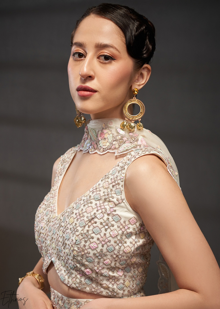 Antique Ivory Gilded Bouquet Net Lehenga