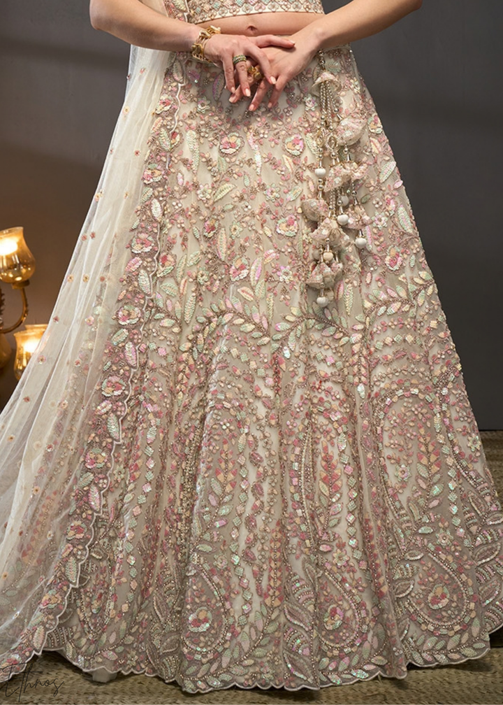 Antique Ivory Gilded Bouquet Net Lehenga