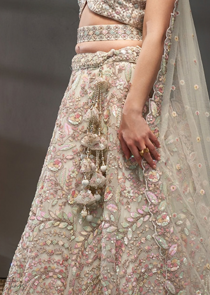 Antique Ivory Gilded Bouquet Net Lehenga