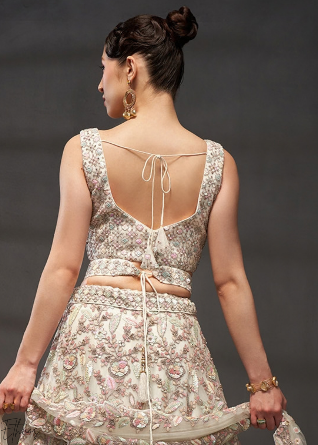 Antique Ivory Gilded Bouquet Net Lehenga