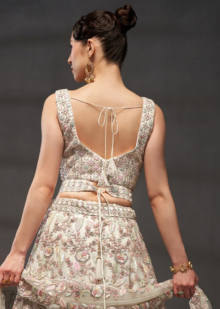 Antique Ivory Gilded Bouquet Net Lehenga