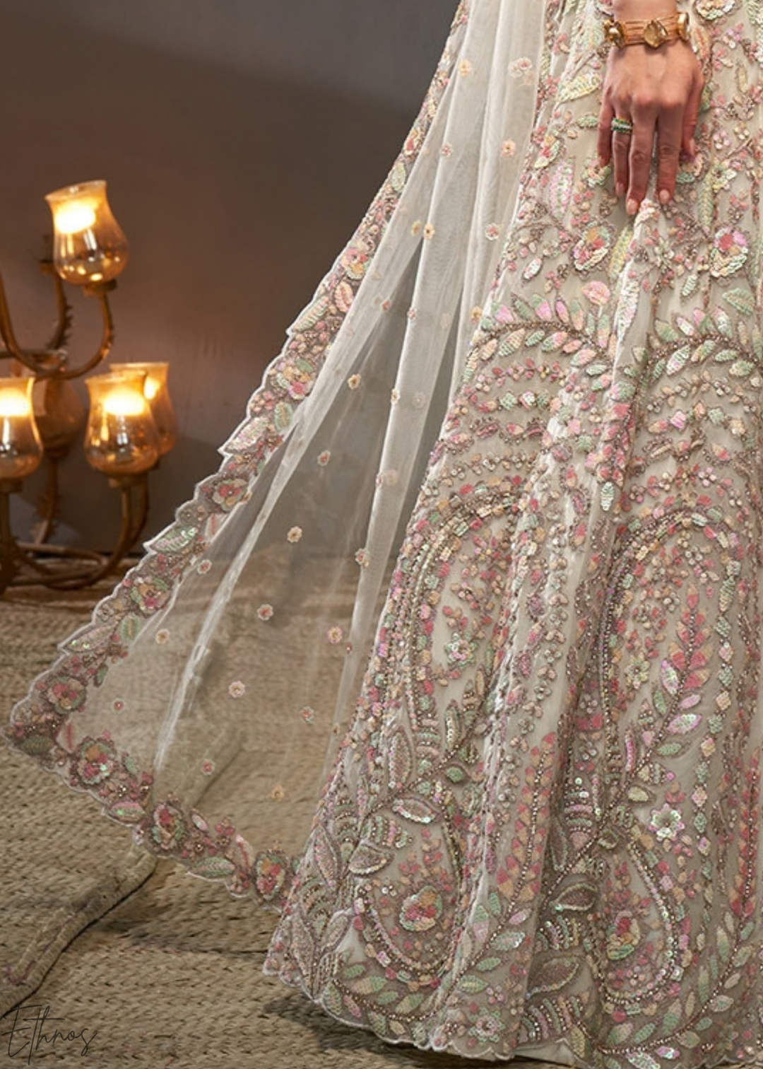 Antique Ivory Gilded Bouquet Net Lehenga