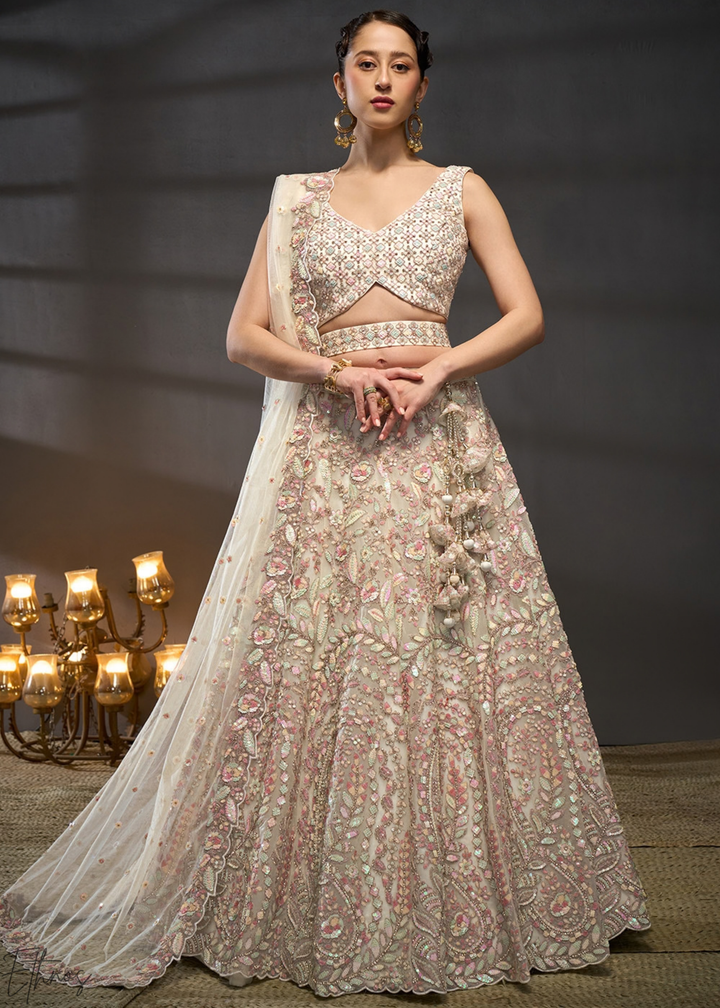Antique Ivory Gilded Bouquet Net Lehenga