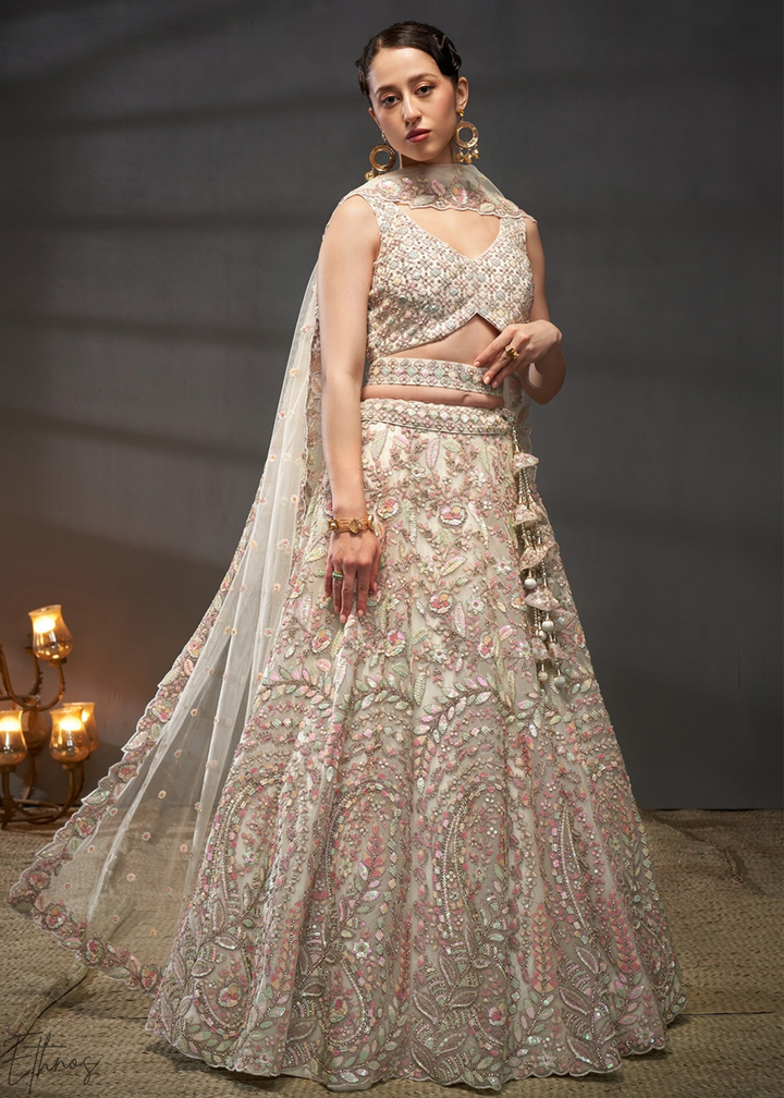 Antique Ivory Gilded Bouquet Net Lehenga
