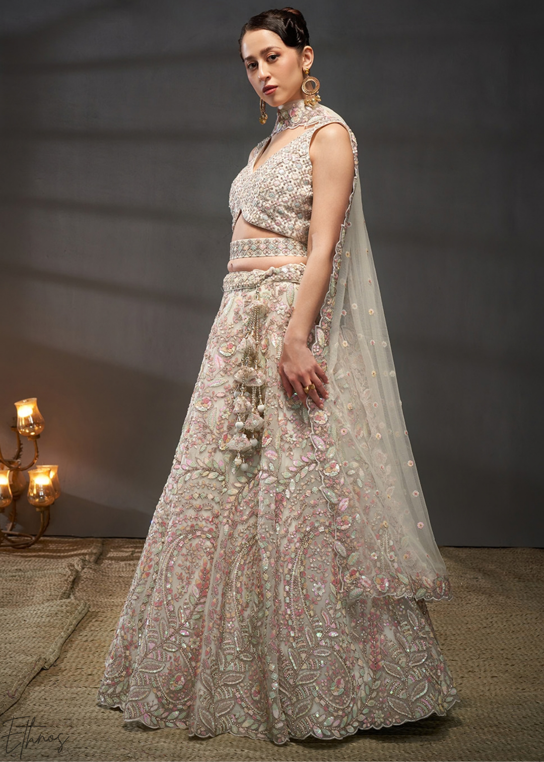 Antique Ivory Gilded Bouquet Net Lehenga