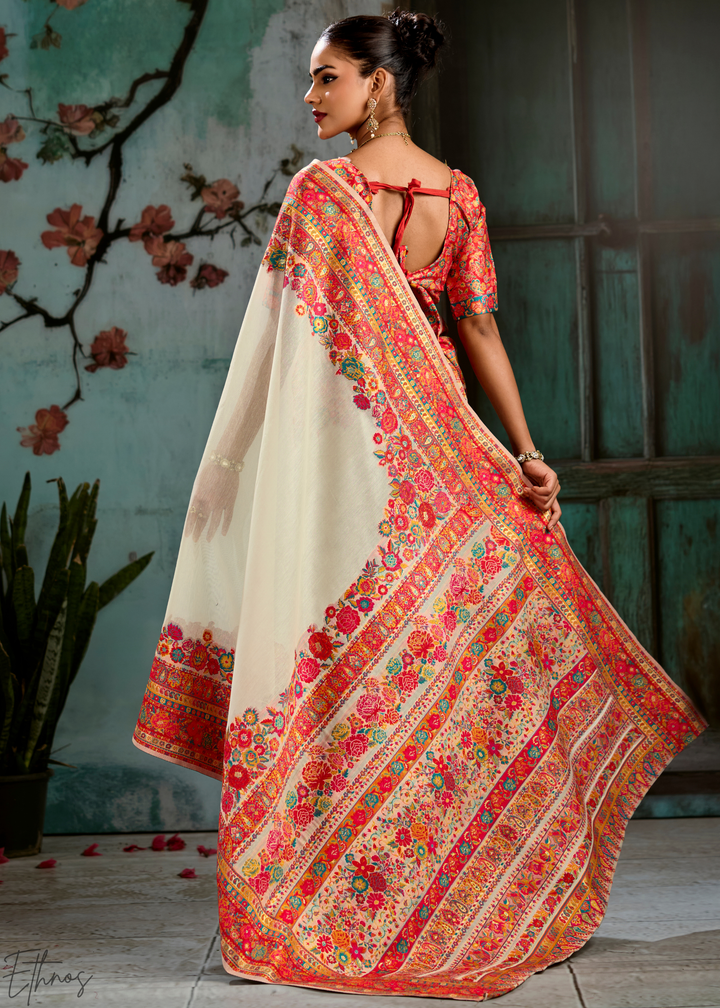 Antique Ivory Kashmiri Kani Pashmina Silk Saree