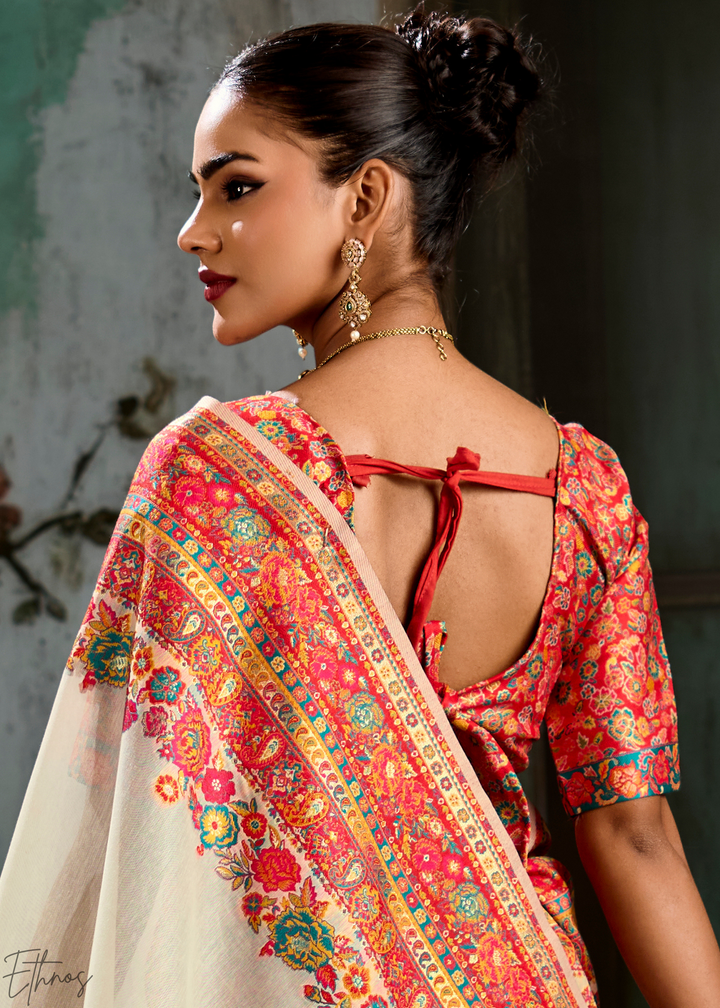 Antique Ivory Kashmiri Kani Pashmina Silk Saree