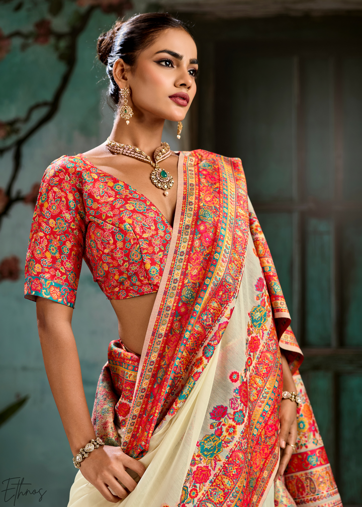 Antique Ivory Kashmiri Kani Pashmina Silk Saree