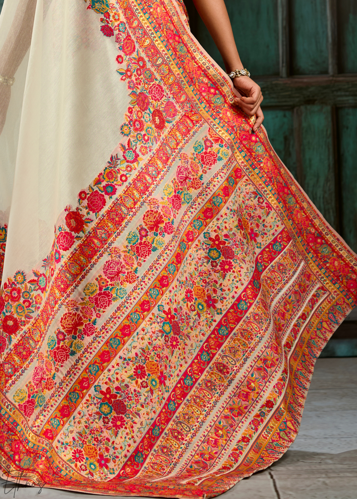 Antique Ivory Kashmiri Kani Pashmina Silk Saree