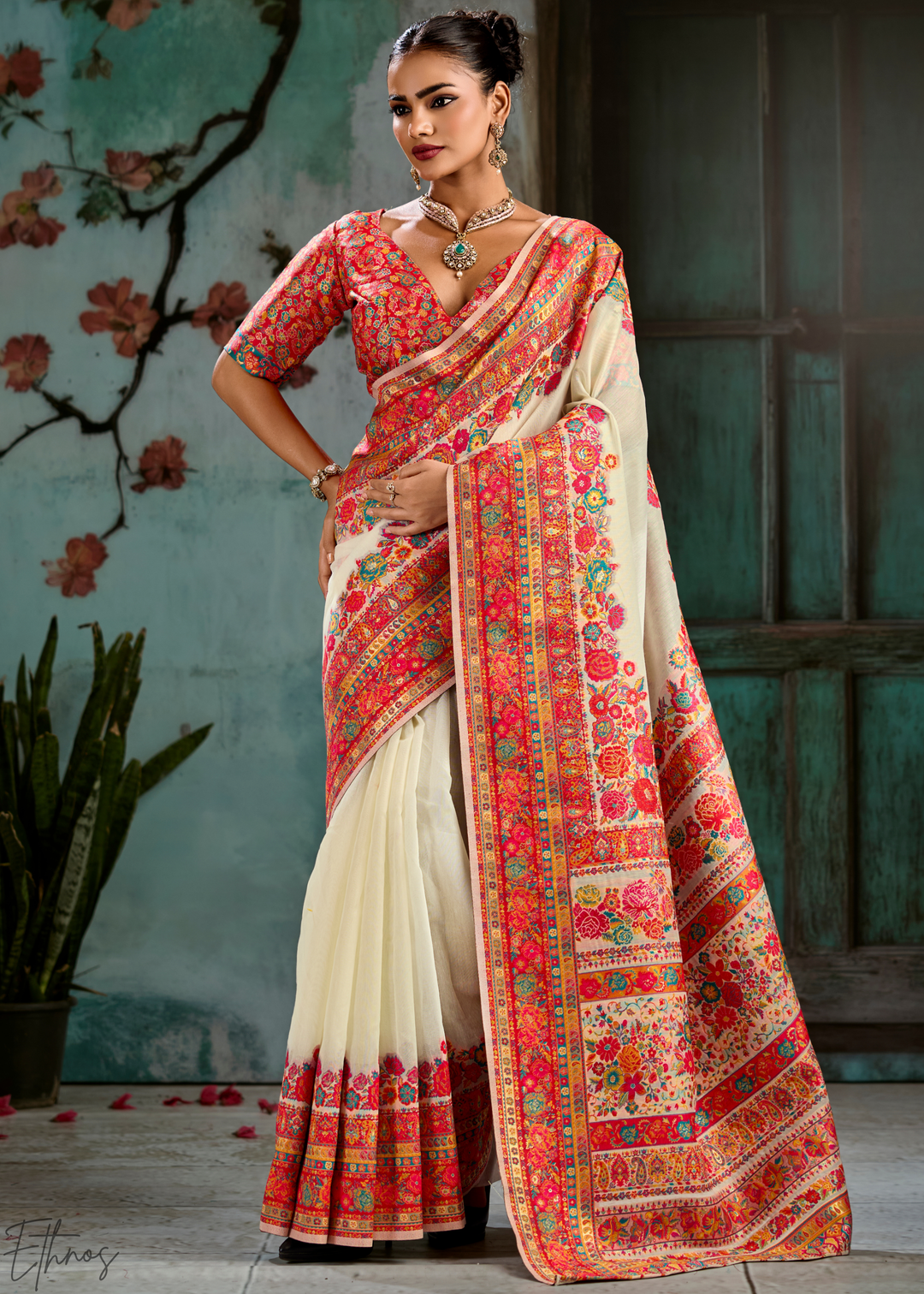 Antique Ivory Kashmiri Kani Pashmina Silk Saree