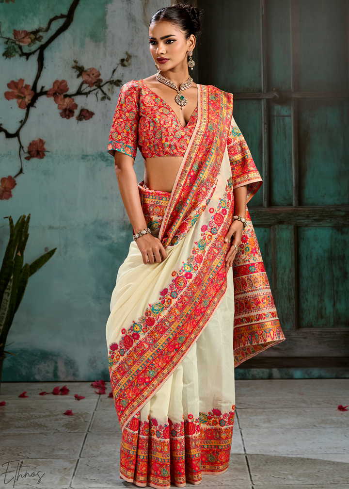 Antique Ivory Kashmiri Kani Pashmina Silk Saree