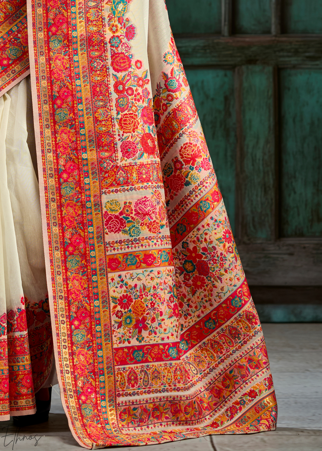 Antique Ivory Kashmiri Kani Pashmina Silk Saree