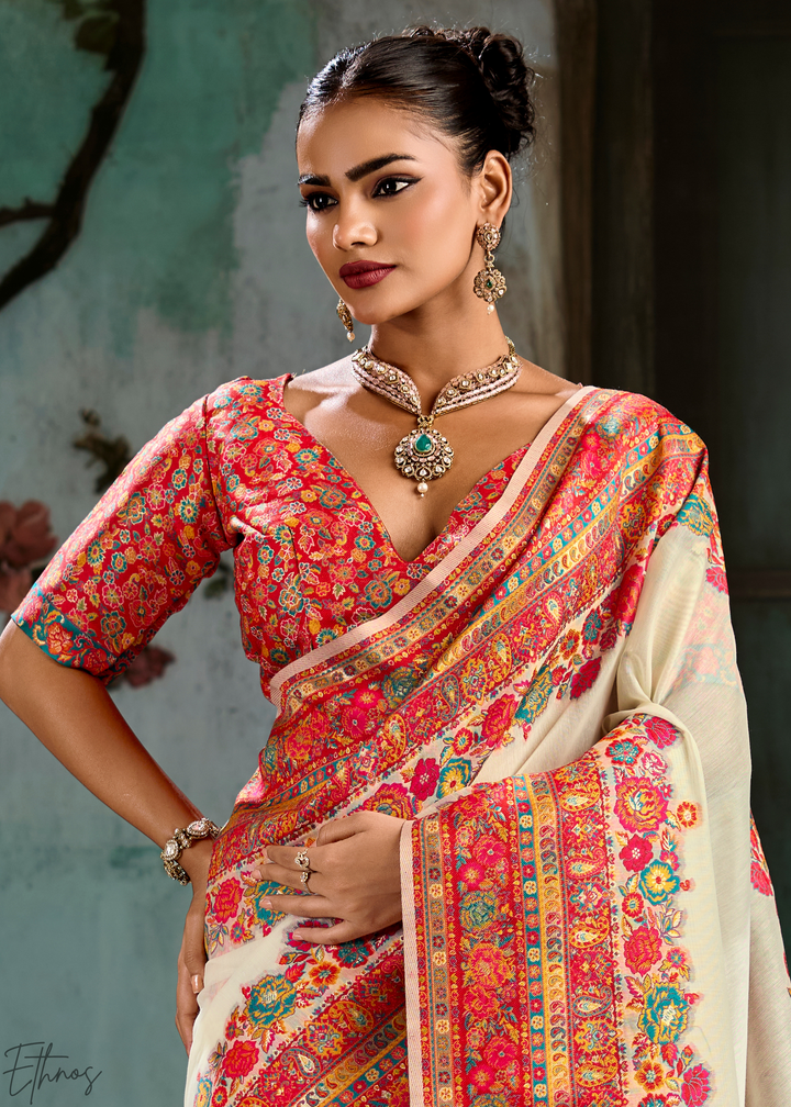 Antique Ivory Kashmiri Kani Pashmina Silk Saree