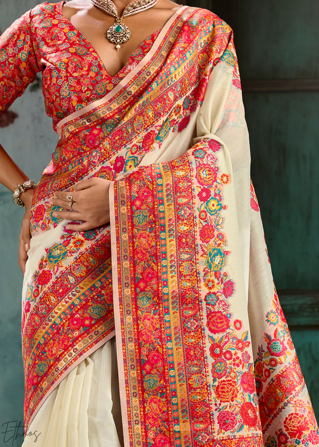 Antique Ivory Kashmiri Kani Pashmina Silk Saree
