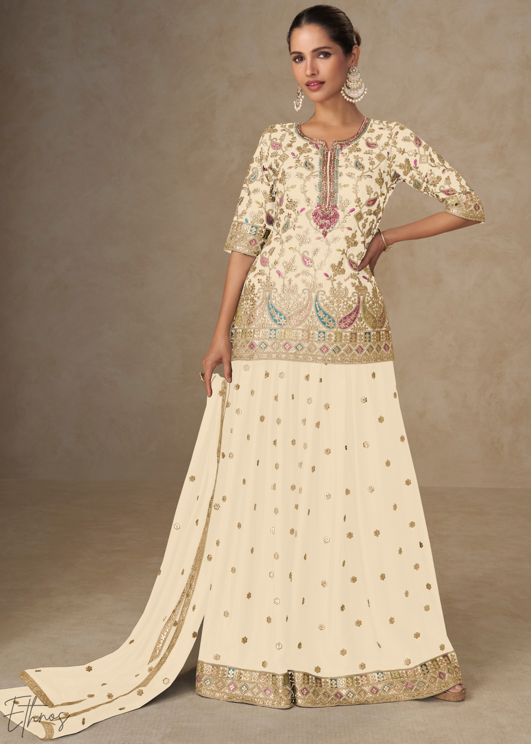 Antique Ivory Persian Vine Chinon Palazzo Suit