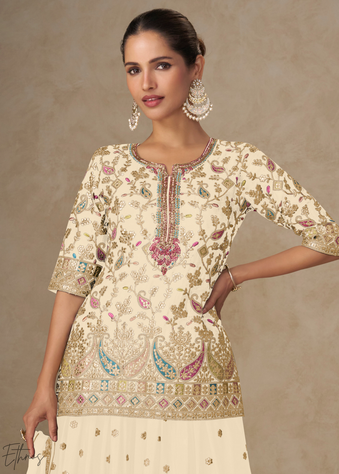 Antique Ivory Persian Vine Chinon Palazzo Suit