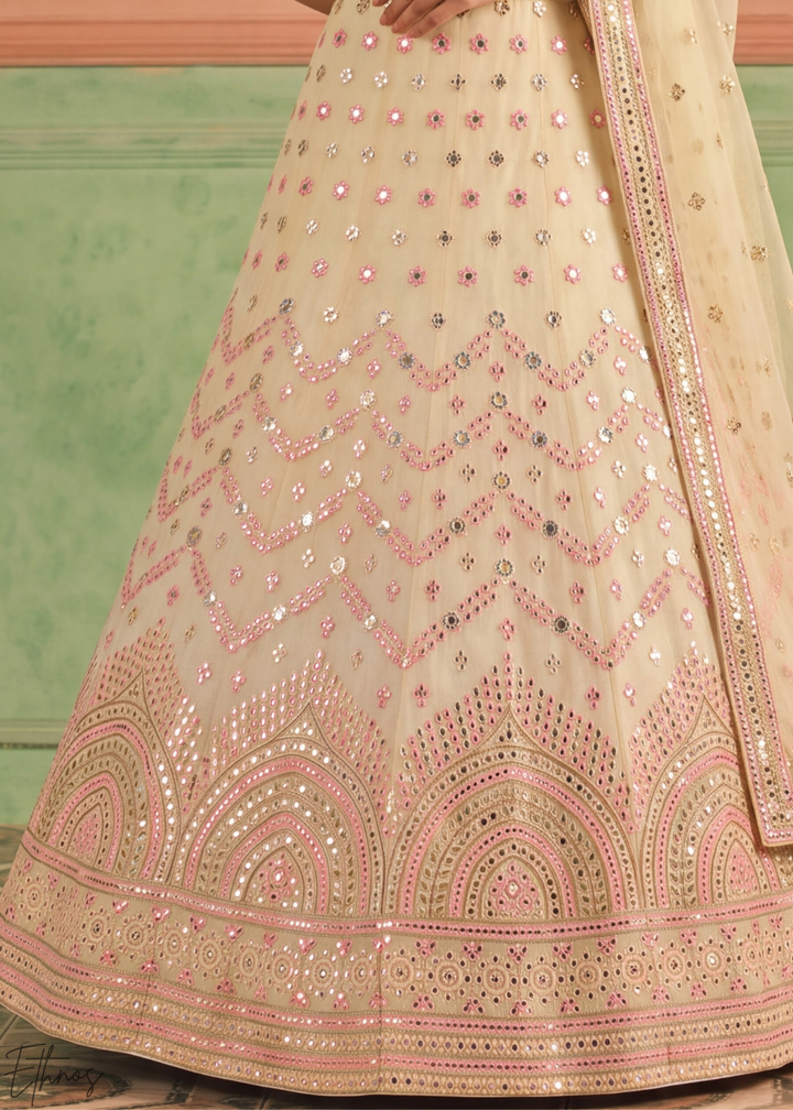 Pastel Yellow Scalloped Medallion Mirror Embellished Organza Lehenga Choli