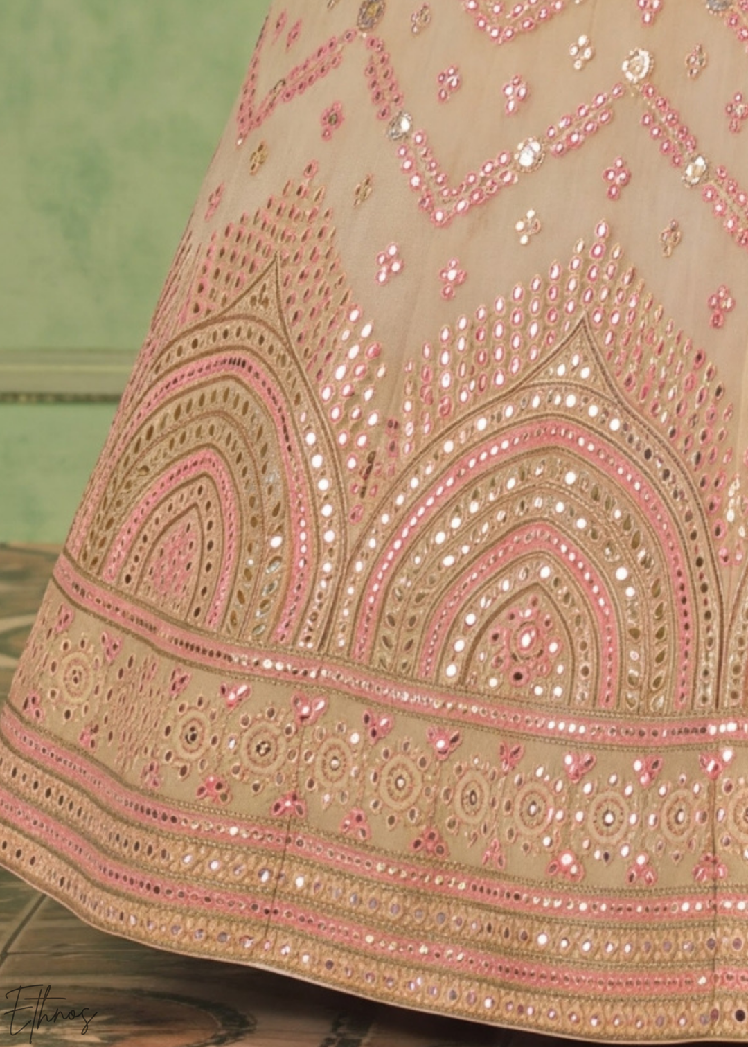 Pastel Yellow Scalloped Medallion Mirror Embellished Organza Lehenga Choli