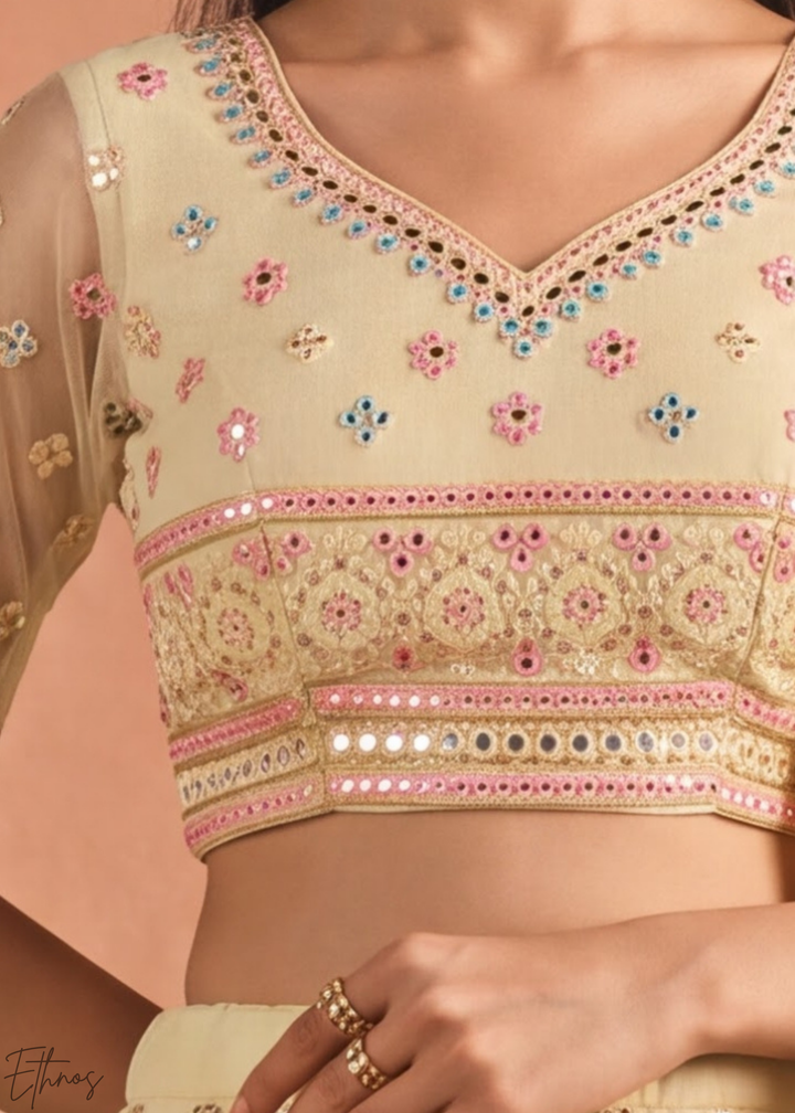 Pastel Yellow Scalloped Medallion Mirror Embellished Organza Lehenga Choli