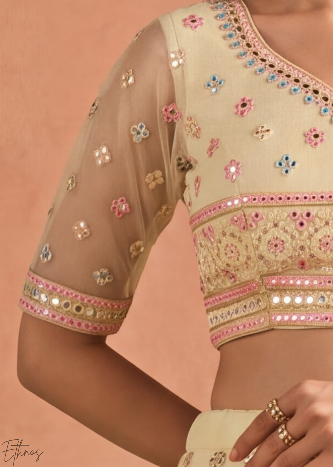 Pastel Yellow Scalloped Medallion Mirror Embellished Organza Lehenga Choli
