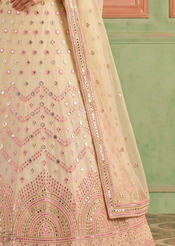 Pastel Yellow Scalloped Medallion Mirror Embellished Organza Lehenga Choli