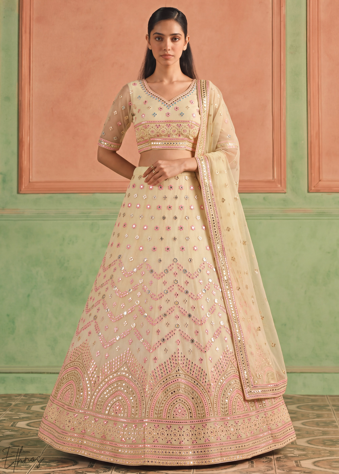 Pastel Yellow Scalloped Medallion Mirror Embellished Organza Lehenga Choli