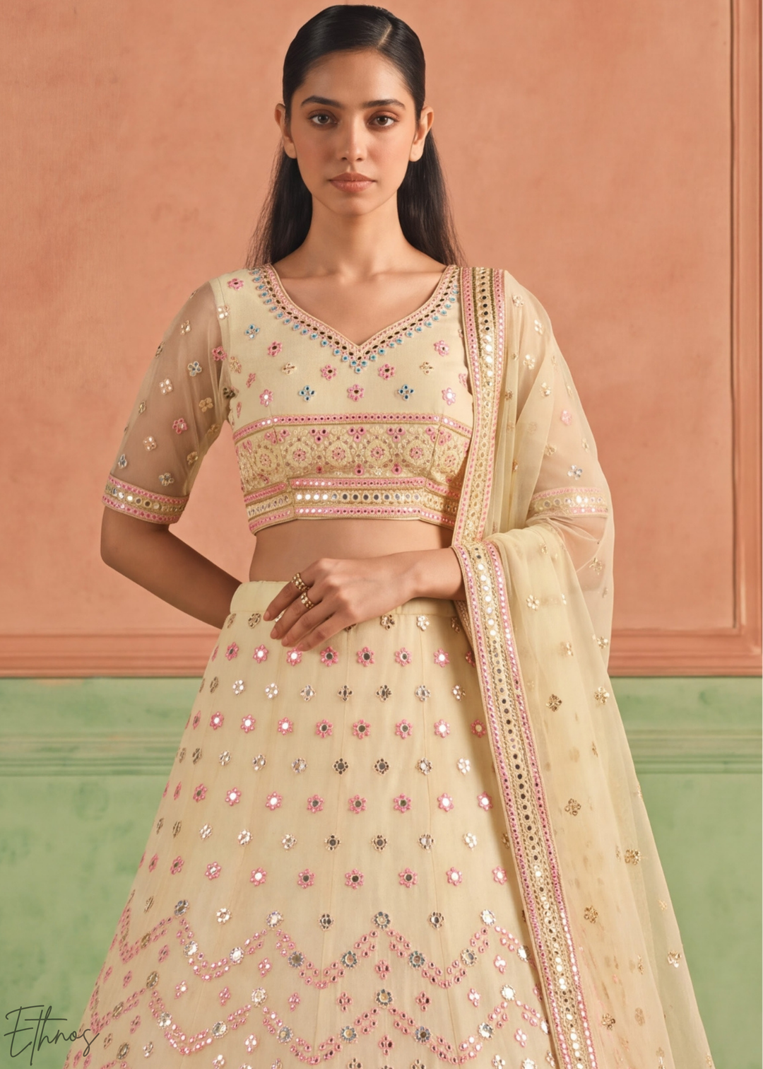 Pastel Yellow Scalloped Medallion Mirror Embellished Organza Lehenga Choli