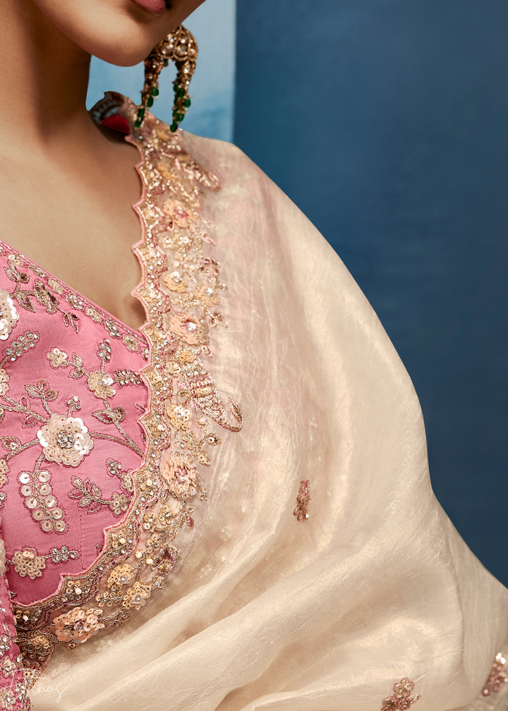 Antique Ivory Tambour Embroidered Border Tissue Saree
