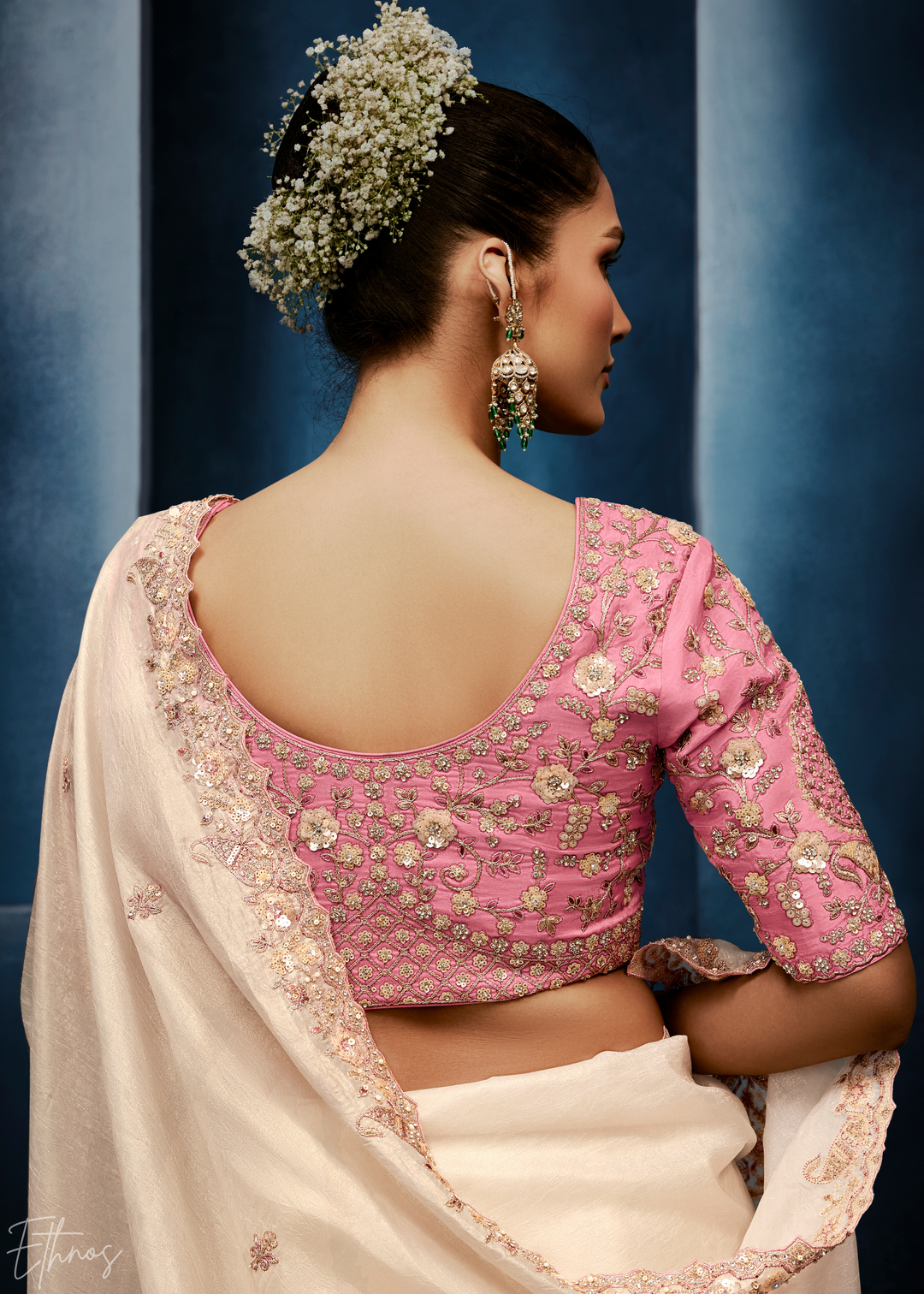 Antique Ivory Tambour Embroidered Border Tissue Saree
