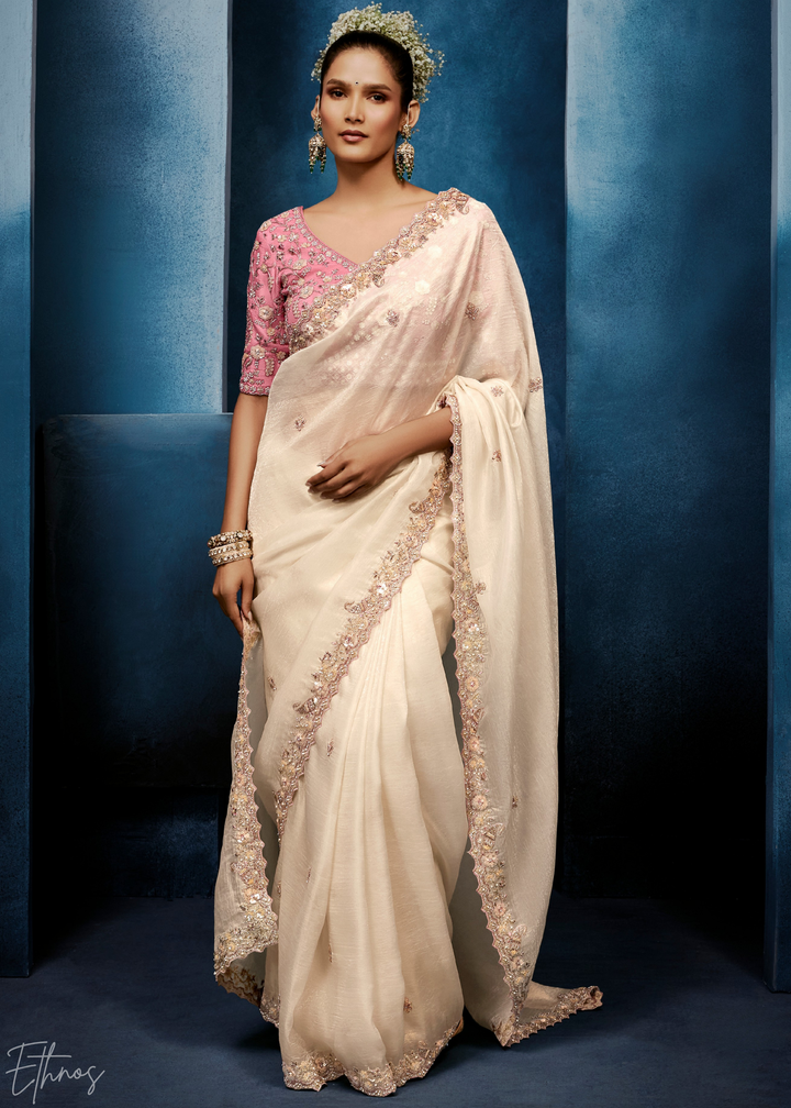 Antique Ivory Tambour Embroidered Border Tissue Saree