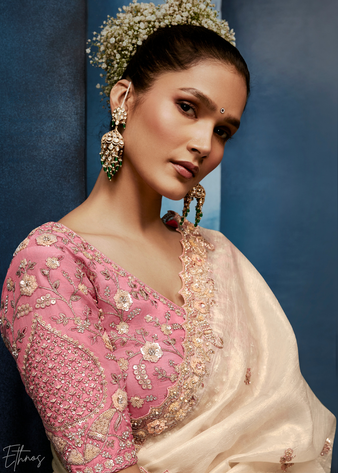 Antique Ivory Tambour Embroidered Border Tissue Saree