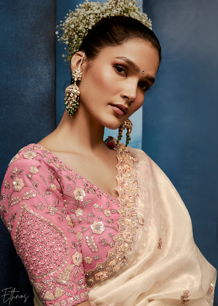 Antique Ivory Tambour Embroidered Border Tissue Saree