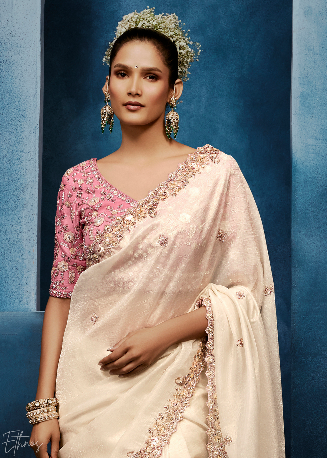 Antique Ivory Tambour Embroidered Border Tissue Saree