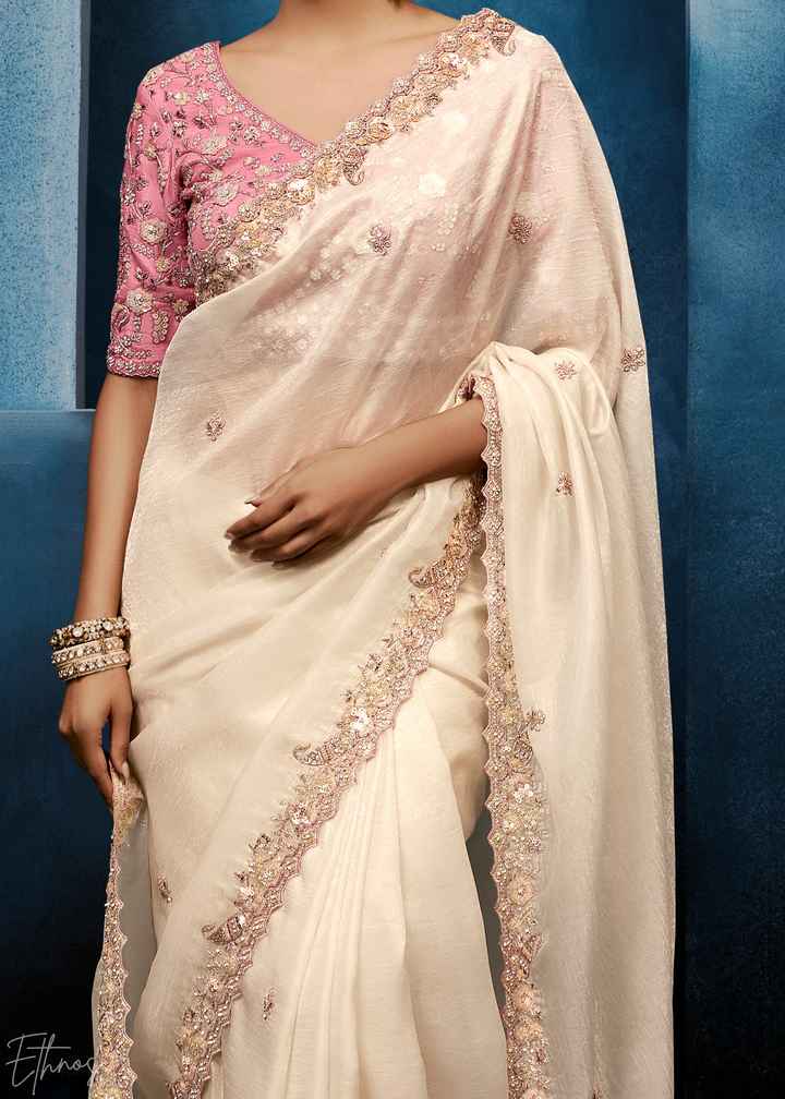 Antique Ivory Tambour Embroidered Border Tissue Saree