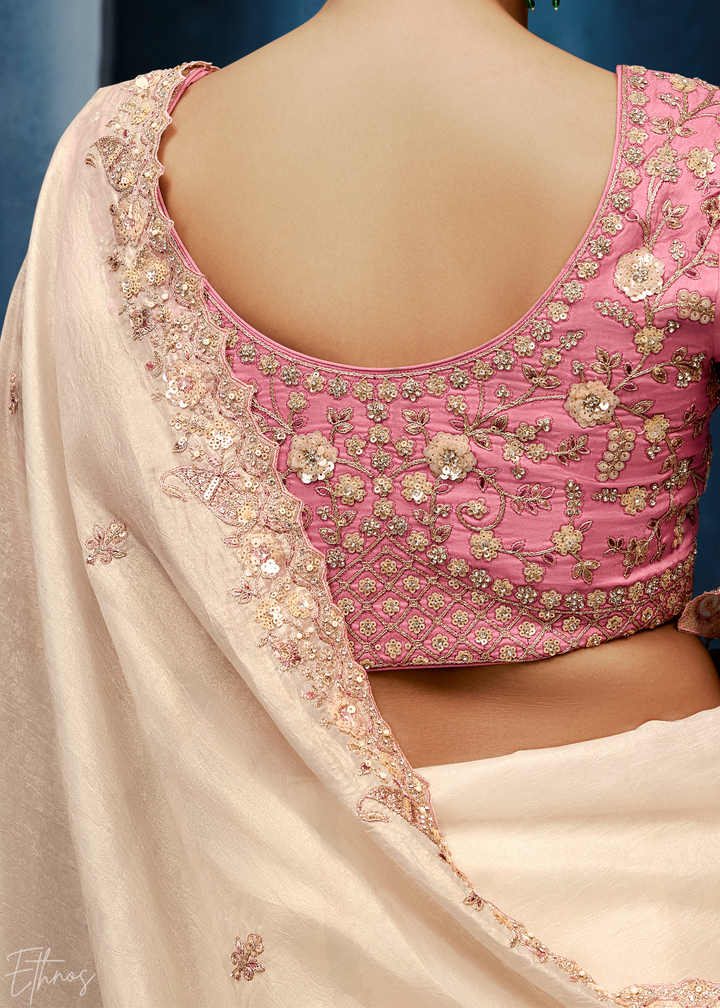 Antique Ivory Tambour Embroidered Border Tissue Saree